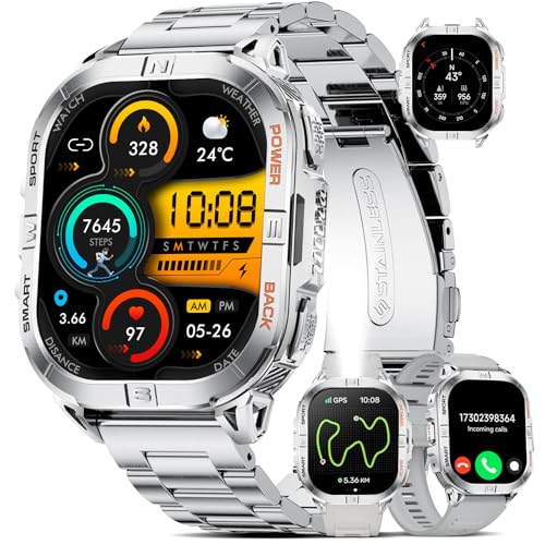 Reloj inteligente para hombre GPS con brújula: 2.13' Smartwatch Barómetro Altímetro Llamada Bluetooth 600mAh Batería Frecuencia Cardíaca SpO2 Sueño 120+ Modo deportivo Impermeable Fitness Tracker para