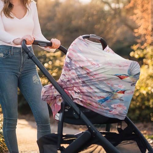 Image of Binienty Hummingbird Cherry Blossom Baby Carseat Canopies and Nursing Covers for Car, Breathable Babies Infants Stroller Cover, Sun Protection