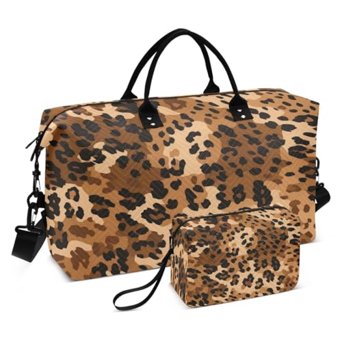 Brown Leopard Print Color Travel Duffle Bag Gym Bag Weekender Bags with Toiletry Bag Travel Trip Tote Bag