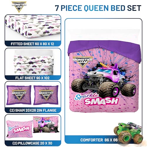 Image of Monster Jam Queen Comforter Set 7 Piece Kids Bedding for Girls, Pink | Sparkle Smash, Bed in a Bag, Comforter Sheets Shams Pillowcases, Soft Microfiber, Machine Washable, Girls Gift