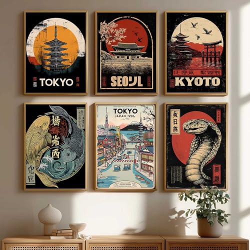 Image of HOTHOUSE Aesthetic Japanese Nature and City View Wall Framed Posters | Japanese Nature and City View Framed Poster for Living Room Bedroom Gaming Room Studio Wall Decor Set Of 6 (10X13 inch)
