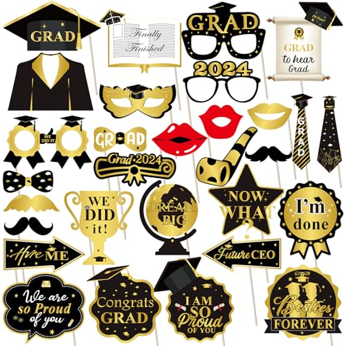 ZYKORT 30 Pezzi Foto Props Laurea Accessori, 2024 Photo Booth Gadget Laurea, Laurea Decorazioni Foto Props Festa con Cappello Laurea, Occhiali, Baffi
