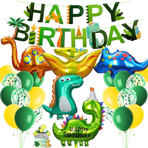 Ainiv Kit Décorations Anniversaire Dinosaur, Ballons Géants en Aluminium Dinosaures avec Happy Birthday Bannière, Jungle Vert Thème, pour Anniversaire ou Toute Fête