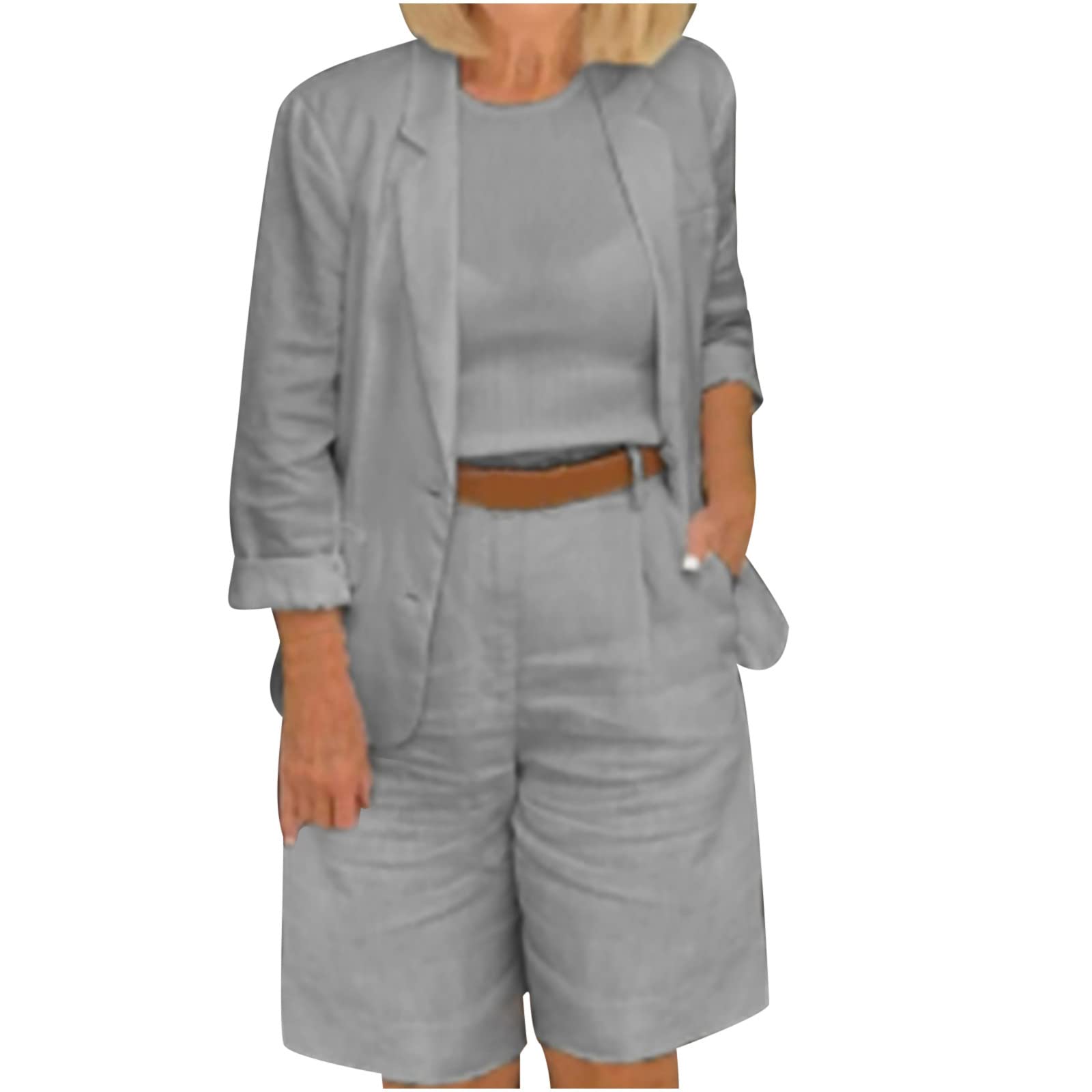 NUSGEAR 2023 Traje de 2 Piezas Mujer Moda Blazer y Pantalones corto Algodón Lino Otoño Primavera Talla grande Suelto Oficina Negocios Elegante Fiesta Casual color sólido Traje Chaqueta cómodo Conjunto