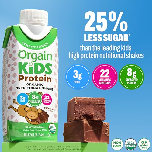 Image of Orgain Organic Kids Nutritional Dairy Protein Shakes, Chocolate, Healthy Kids Snacks, 8g Grass-Fed Protein, 3g Fiber, 22 Vitamins & Minerals, No Soy Ingredients, Non-GMO, 8.25 Fl Oz, Pack of 12