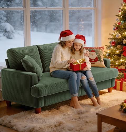 Kidirect Cord Sofa 3 Sitzer, 221CM Bequemes Couch 53CM Extra Tiefe Sitze, Sofa Wohnzimmer Werkzeugfreie Montage, Big Sofa Couch mit 2 Kissen, Modernes Couch fürs Büro, Schlafzimmer Sofas Waldgrün