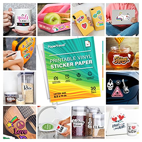 Image of Premium Printable Vinyl Sticker Paper for Inkjet and Laser Printer - 30 White Matte Sticker Paper Waterproof - Excellent Adhesion Paper 8.5 x 11, Fast Dry, Holds Ink Well, Great for Cutting Machines