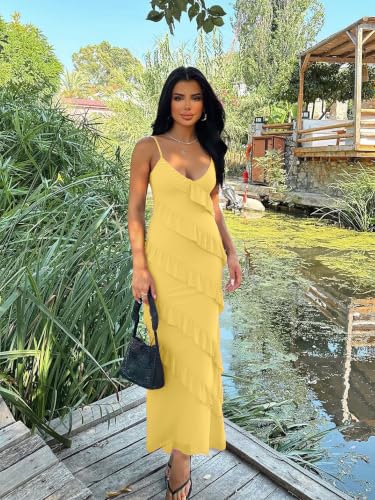Image of HOCILLE Women's Sexy V Neck Backless Bodycon Spaghetti Strap Elegant Ruffle Maxi Cocktail Party Dresses