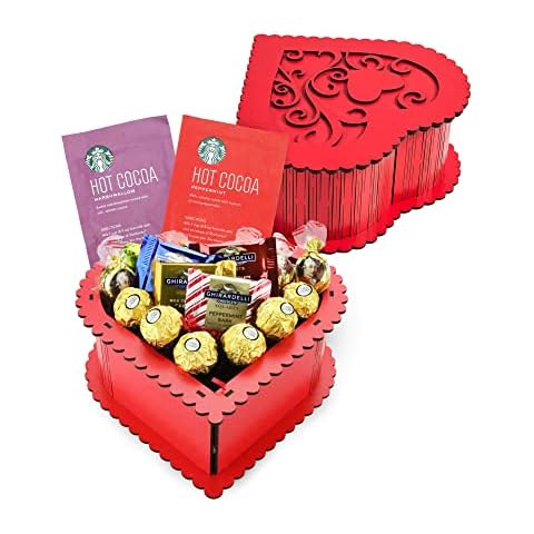 Christmas Valentine's Day Chocolate Gift Red Heart Shape MDF Box with Assortment Chocolate Variety, Peppermint & Marshmallow Hot Cocoa, Holiday Gifts for Women and Men Cover