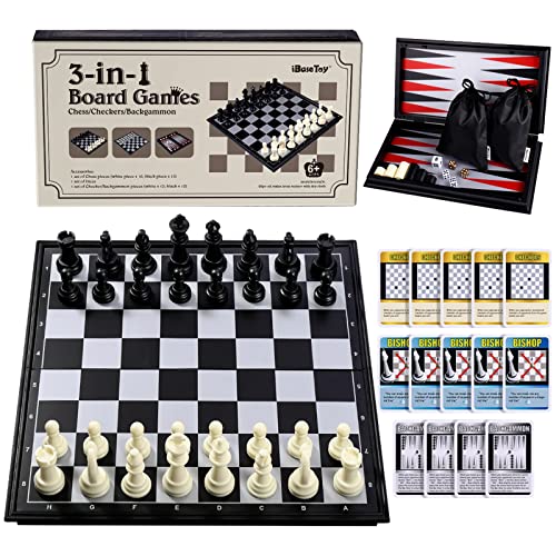 iBaseToy 3 in 1 Magnetic Travel Chess Set 2.0 Upgraded Version for Kids and Adults, Chess Checkers Backgammon Set with a Larger Size Folding Chess Board and Storage Bag, 12.6" x 12.6"