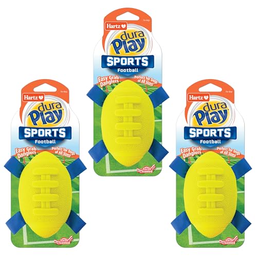 New! Hartz Dura Play Sports Football Dog Toy, Bacon Scented Squeaky Latex Yellow & Blue Toy, 3 Count