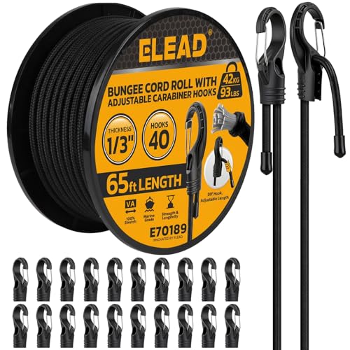 Bungee Cord Roll with 40-Piece Adjustable Hooks 1/3 x 65ft Heavy Duty Outdoor Bungee Cords Marine Grade Black Super Elastic Cord with Carabiner Hooks for Cargo Camping Bike Racks Tents