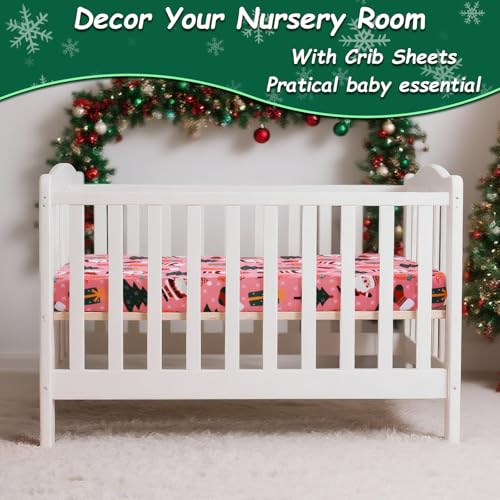Image of Christmas Crib Sheet, Baby Fitted Crib Sheet with Santa Claus, Christmas Trees, Gifts, Measuring 52 inch x 28 inch to fit Standard Crib and Toddler Mattresses, Pink