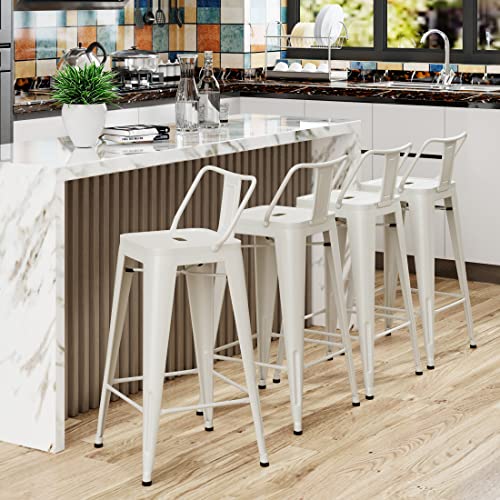 Yongchuang 30" Metal Bar Stools With Backs Set Of 4 Indoor Outdoor Kitchen Bar Height Stools Low Back Bar Chairs Cream White #TOP2