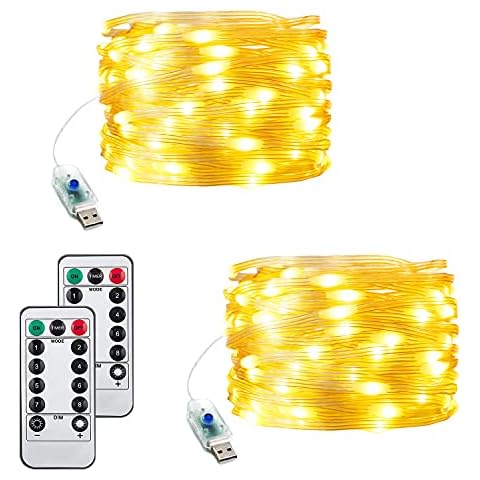 LIGHTOP Christmas Lights Outdoor String Lights 2pack 33FT/100LED 8 Modes USB Power Remote Control Waterproof Indoor Fairy Lights for Garden Camping Party Decor (Warm White) Cover