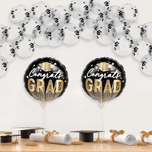 KatchOn, Black and Gold Congrats Grad Balloons Set - Pack of 52, Clear Graduation Balloons | Class of 2025 Decorations | Grad Party Decoration | Black and Gold Graduation Decorations 2025