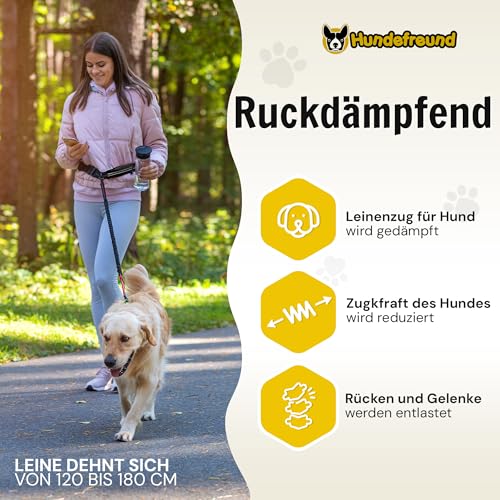 Hundefreund Joggingleine mit Bauchgurt Schwarz | Laufleine Elastisch Ruckdämpfend Reflektierend für Mittelgroße und Große Hunde bis 70 kg | Freie Hände zum Joggen Laufen Radfahren Wandern