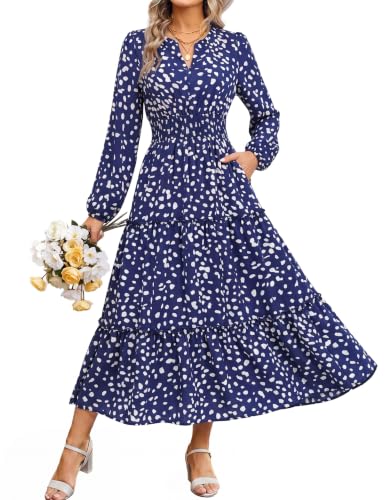 Image of GRACE KARIN Women's Floral Maxi Dress 2026 Fall Long Sleeve V Neck Empire Waist A Line Flowy Dress with Pocket