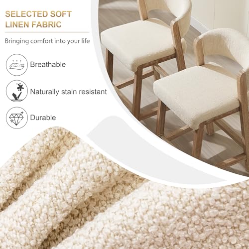 Image of Zesthouse Wooden Counter Height Stools set of 4, Mid Century Kitchen Bar Stools with Back & Solid Wood Legs, Farmhouse Upholstered Barstools for Kitchen Island, Beige Linen Fabric+Antique Brown Finish