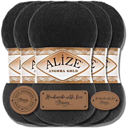 Hobby YARN 3x Etikettenlabel mit Alize Angora Gold Wolle Premium 5x100g als Set, Yarn, Garn, Dünne Mohair aus Schurwolle, Uni, Einfarbig, Strickgarn (Black - 60)