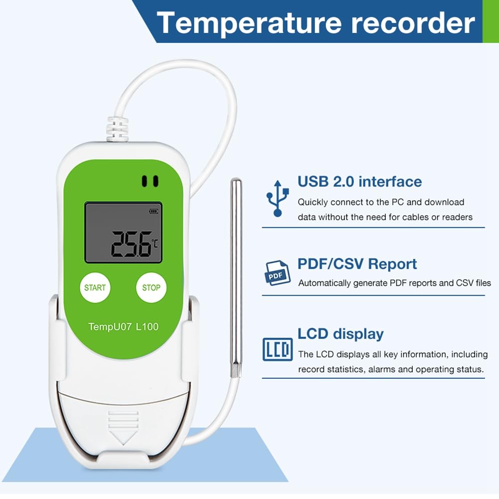 TempU07 L100 USB rejestrator temperatury wielokrotnego użytku, automatyczny eksport do CVS i PDF do laboratoryjnego transportu łańcucha chłodniczego
