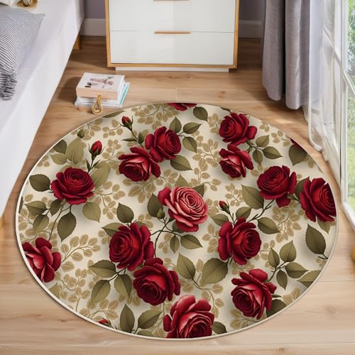 Tapis rond roses rouges 80cm lavable machine anti-dérapant - 2