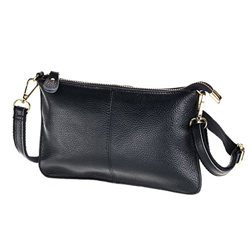 SEALINF Women's Cowhide Leather Clutch Handbag Small Shoulder Bag Purse (black)