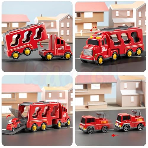 Image of Kidology 5-in-1 Friction-Powered Fire Truck Toy Set with Music - Montessori Educational Transport Carrier Vehicle Toy for Boys & Girls, Fun Birthday Gift for Kids Ages 3+