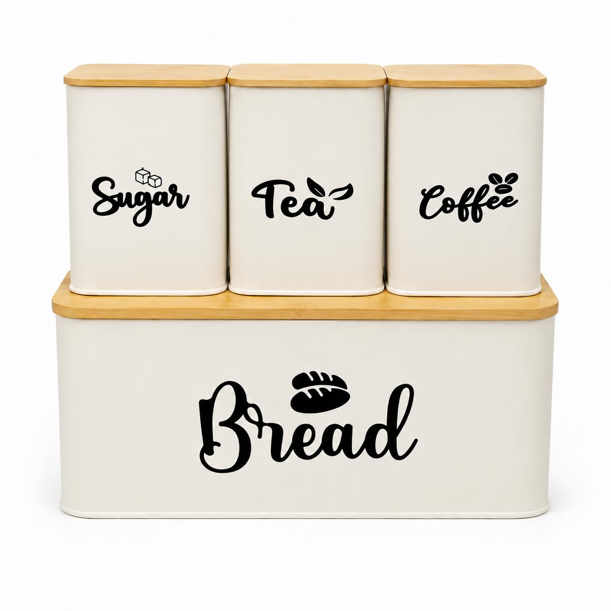 Retronz Bread Bin with Tea Coffee Sugar Canisters, 4 Piece Kitchen Storage Set with Bamboo Lids, Galvanised Metal Bread Box and 3 Airtight Canisters