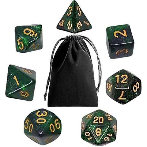 Polyhedral RPG Dice, 7PCS Polyhedral DND Dice Set with Dice Bags for Dungeon and Dragons D&D MTG Role Playing Card Table Games (Starry Black Green) Cover