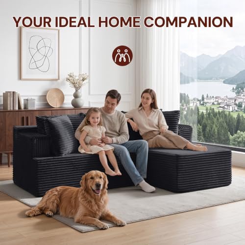 Image of Korser Boneless Couches for Living Room, Cloud Couch Sectional with Ottoman, L-Shaped Sofa with Fluffy Comfy Corduroy Deep Seat, Bedroom, Apartment, No Assembly Required
