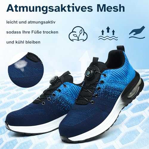 NACKINg Sicherheitsschuhe Herren Arbeitsschuhe Damen Leicht Atmungsaktiv Stahlkappenschuhe rutschfeste Arbeitsturnschuhe mit Drehknopf, Blau, EU 43 – Bild 7