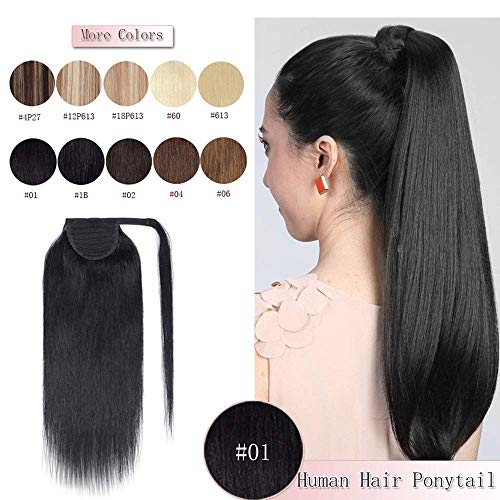100% Remy Human Hair Ponytail Extension Wrap Around One Piece Hairpiece With Clip in Comb Binding Pony Tail Extension For Girl Lady Women Long Straight #1 Jet Black 16'' 80g