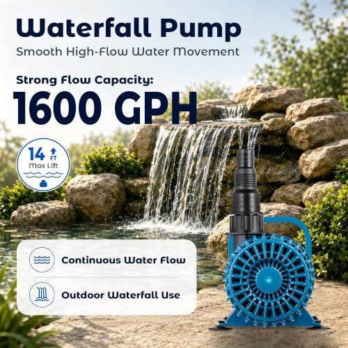 Image of TONGCHANT Pond Pump for Fish Pond Fountain & Waterfall, 1600 GPH 14FT Lift | 100W submersible water pump, ultra quiet motor, 180 rotatable outlet, filter bag, 20FT cord, UL listed, blue