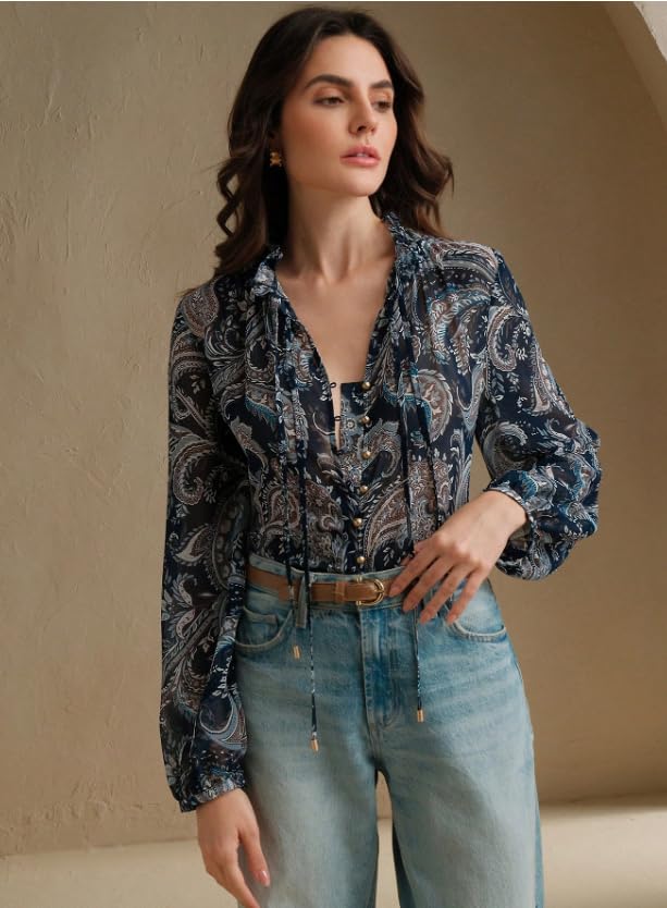 Image of Women Shirt ||Women Top || Cecily Paisley-Trim Button-Front Shirt (S-01-04)