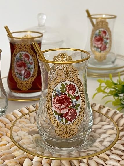 Altın çerçeve gül desenli cam bardak ve tabak 6 kişilik çay seti - Görsel 1