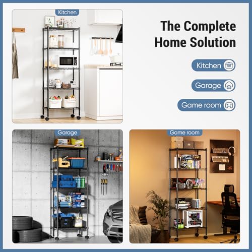 Image of DUMOS 5-Tier Metal Storage Shelves, Shelving Unit, Storage Rack, 23.2 inch W | 59 inchH, Lockable Wheels, Wire Adjustable Standing, Heavy Duty Steel Organizers, Kitchen Bathroom Pantry Garage Office
