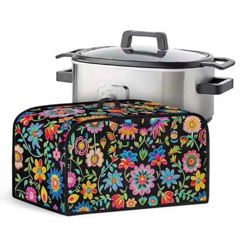 Tongluoye Colorful Flower Slow Cooker Cover Portable Air Fryer Cover Dust Covers With Storage Pocket and Handle Insulated Slow Cooker Bags for Kitchen Appliance Crock Pot Protective Cover Black