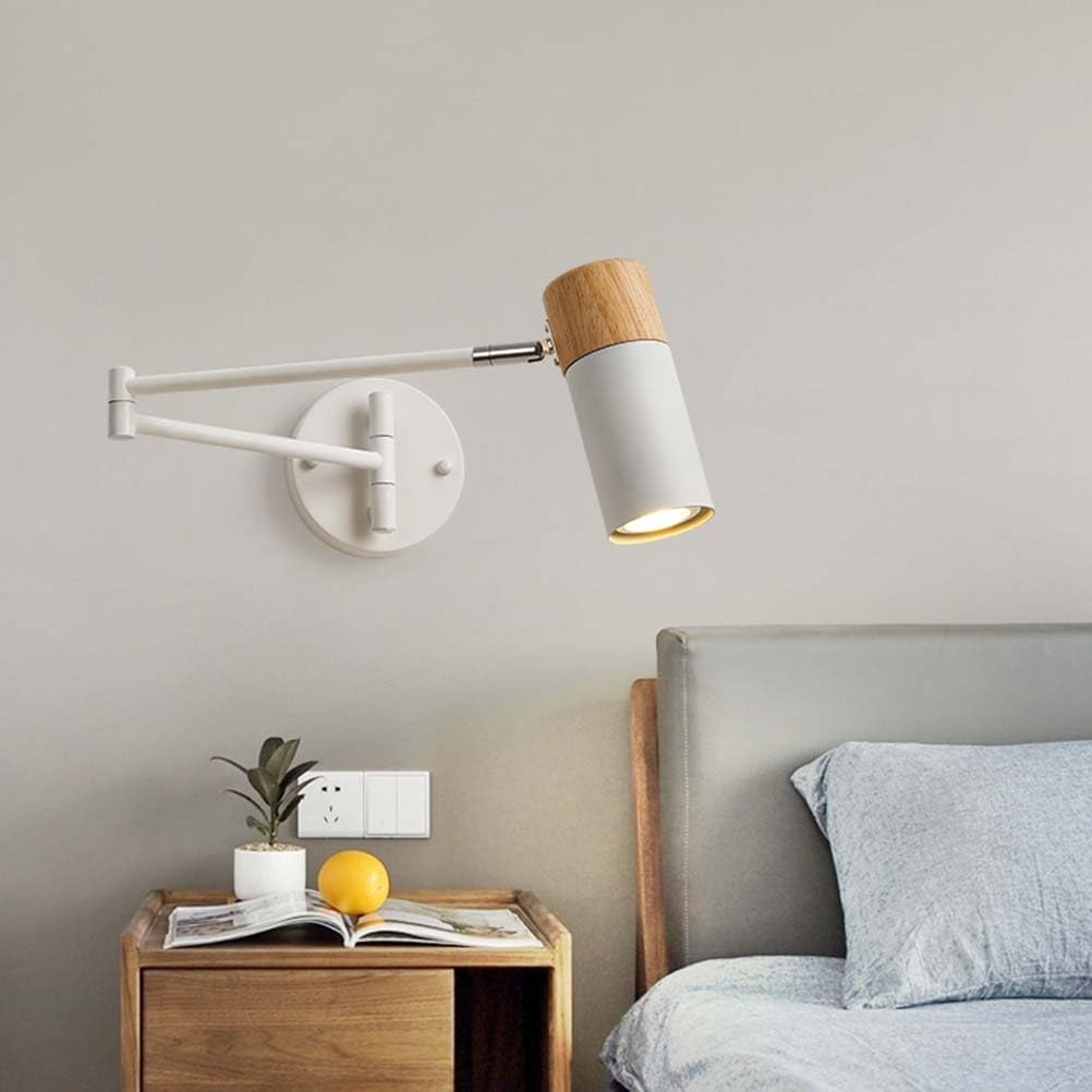 Verstellbare Schwenkarm Wandlampe Langer Arm Holz Wandleuchte 350°Drehung E27 Nachttisch Wandbeleuchtung Moderne Wandstrahler Weiß Wand Leselampe für Schlafzimmer Kinderzimmer（mit Leuchtmittel）
