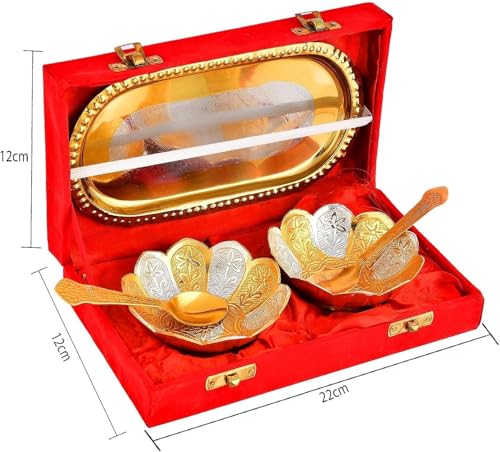 Image of White Metal Silver /Gold Plated Traditional Kamal Bowl Set - 5 Pieces, 30 Microliter