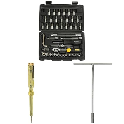 STANLEY STMT72794-8 1/4'' Square Drive Metric Socket Set (46-Pieces) & 66-119 127mm/5.5'' Spark Detecting 2-in-1 Screwdriver 3mm 100-500V AC & STMT93304 10mm 6 Point T Handle Socket