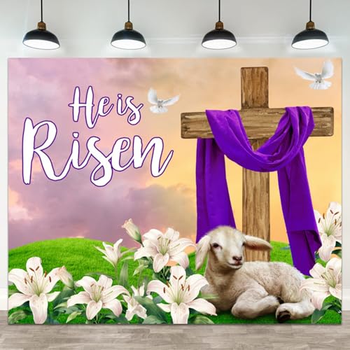 ASDCXZ 15x8ft Easter Backdrop He is Risen Photography Background Resurrection of Jesus Crucifix Spring Flowers Sheep Christian Church Event Banner Decorations Kids Adults Portrait Photo Booth Prop