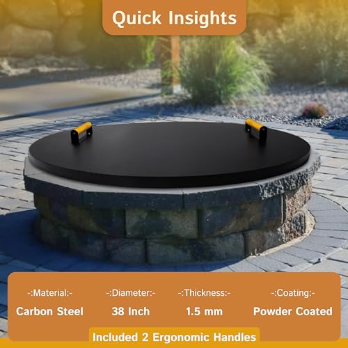 Simond Store Fire Pit Cover Round 38" - Rust Resistant 1.5mm Powder Coated Carbon Steel Firepit Lid with 2 Ergonomic Wooden Handles - Compatible for Fire Pit Inside Dia Up to 36"