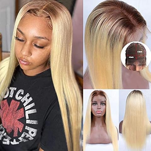 Smartinnov hair #4/613 Ombre Lace Front Wigs Blonde Human Hair Dark Roots 4x4 Closure Wigs Straight with Baby Hair 10" 150% Density Bleached Knots Brazilian Remy Hair Blonde Closure Wigs for Women Cover