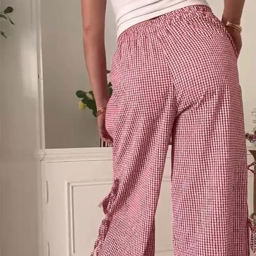 Image of Y2K Gingham Pants for Women Bow Tie Side Slit Wide Leg Lounge Bottom Plaid Checkered Loose Fit Going Out Pants
