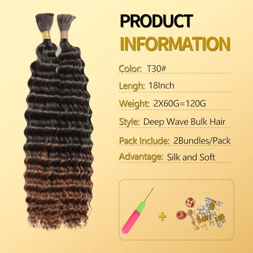 LPARMJIT Deep Wave Bulk hair for Braiding 18 inch 2 Bundles/Pack No Weft for Braiding Wavy Synthetic Braiding Hair Extensions for Boho Braids (T30 - Image 2