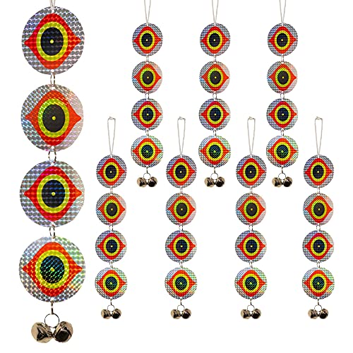 FUNPENY Scare Birds Discs, Hanging Predator Eye Pattern Bird Scare Devices with Bells (8Sets), Used to Protect Outdoor Gardens, Farm and Prevent Wild Birds
