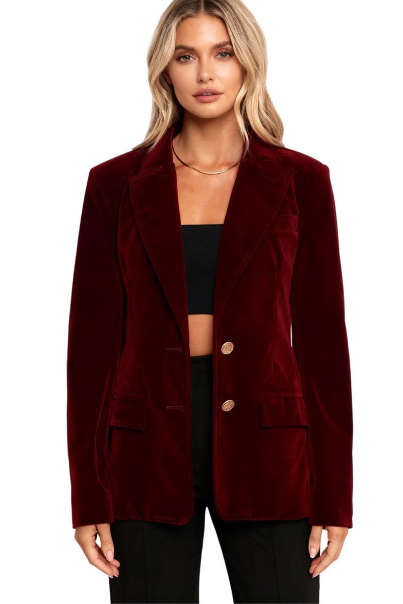 Botong Womens Velvet Blazer Suit Jacket Long Sleeves Office Work Blazer Prom Party Jacket with Pockets Burgundy L