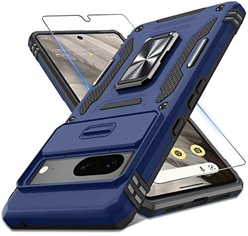 DEERLAMN Case for Google Pixel 7 with Slide Camera Cover+Screen Protector(1 Pack), Rotated Ring Kickstand Military Grade Shockproof Protective Cover-Navy Blue