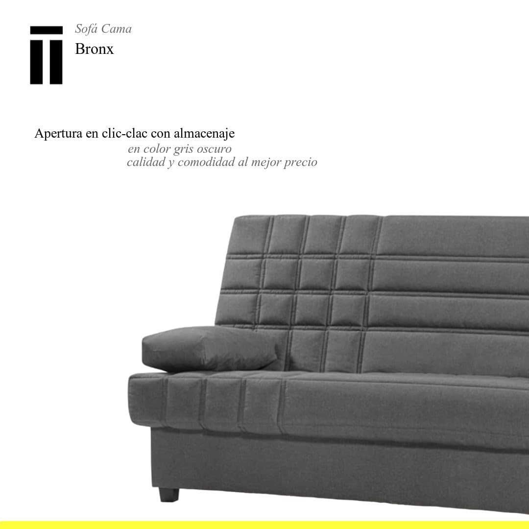 SHIITO | Modelo Bronx - Sofá Cama con Almacenaje con Apertura Clic-Clac | 100x193x100 cm | 2 Cojines Incluidos | Color Gris Oscuro | Resistente y Confortable